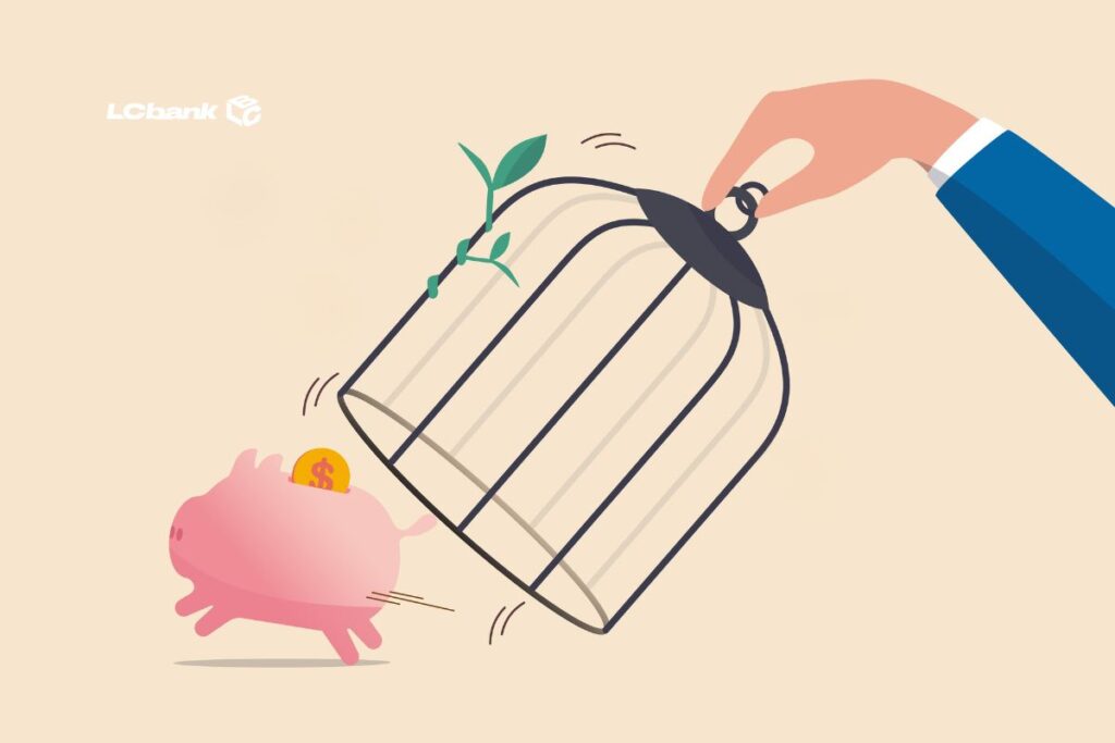 ilustração de um porquinho do tipo cofre sendo liberto de uma gaiola