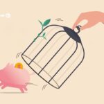 ilustração de um porquinho do tipo cofre sendo liberto de uma gaiola