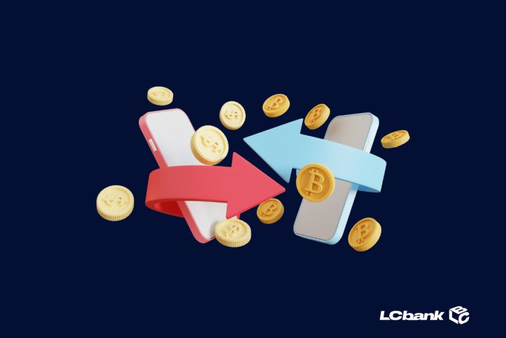 Dois celulares com setas de transferência e moedas douradas ao redor, simbolizando envio e recebimento rápido de valores, no estilo visual do LCbank.