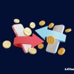 Dois celulares com setas de transferência e moedas douradas ao redor, simbolizando envio e recebimento rápido de valores, no estilo visual do LCbank.