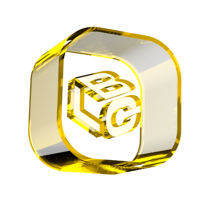 Logotipo dourado com letras "LBC" em 3D.