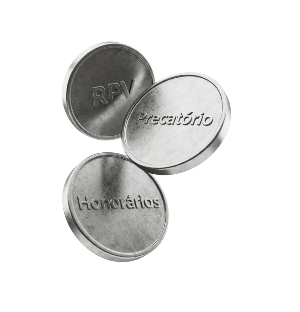 Moedas com "RPV", "Precatório" e "Honorários". Conceitos financeiros e jurídicos.