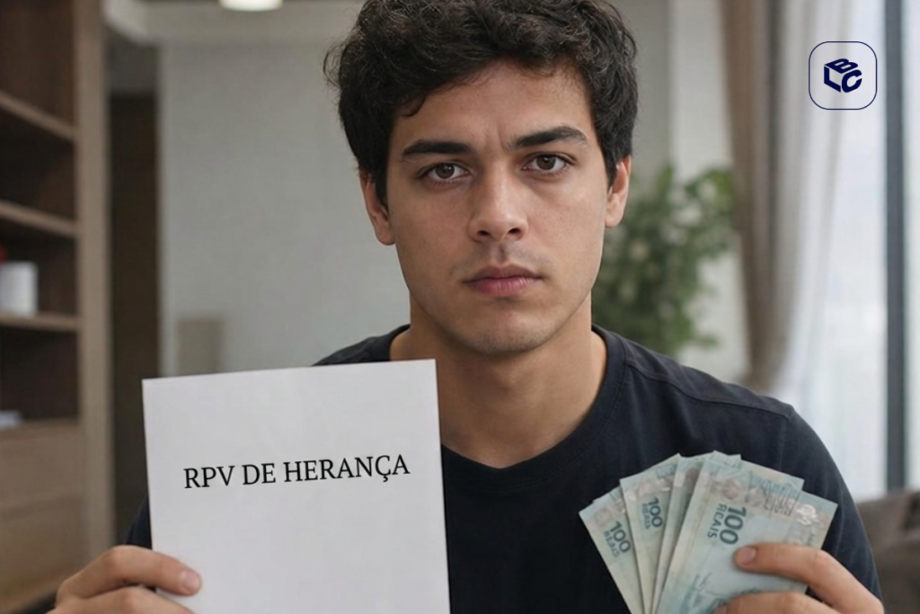 Homem segura papel "RPV DE HERANÇA" e notas de R$ 100